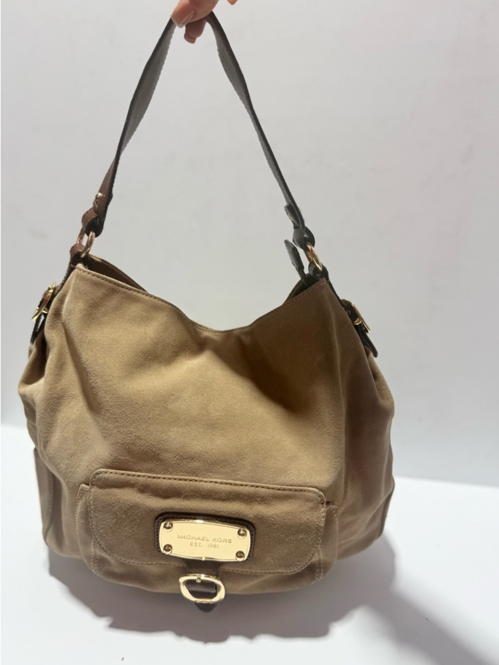 Michael Kors Brown Suede Hobo Bag with Gold Hardware
